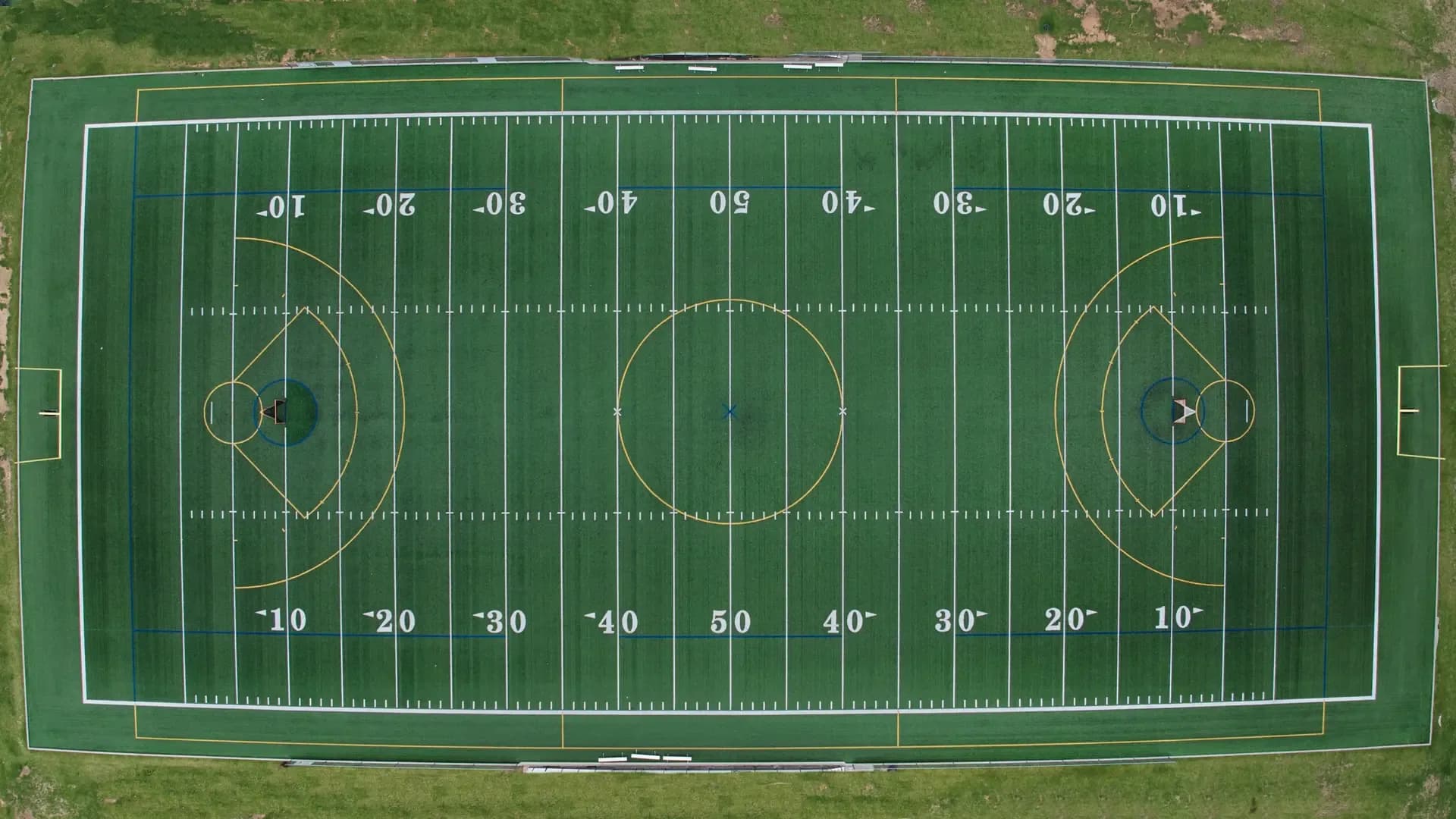 Aerial view of a synthetic turf football field
